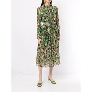 SALONI Raquel Silk Chiffon Belted Midi Dress Jade Palmier Saks 8 NWT $815